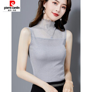 皮爾卡丹（pierre cardin）蕾絲高領(lǐng)網(wǎng)紗打底衫女春夏新款亮絲緊身內搭上衣無(wú)袖t恤薄款 灰色 M