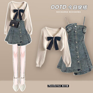 伊薇衣針織短款罩衫牛仔吊帶連衣裙秋季新款女裝2025絕美小裙子兩件套裝 蝴蝶結白開(kāi)衫+牛仔吊帶裙【秋裝 S