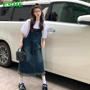 FSHE復古牛仔背帶法式連衣裙半身裙女夏季2025毛邊設計寬松中長款裙子 套裝【背帶裙+短袖襯衫】 XL 【建議140-160斤】