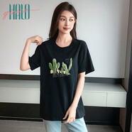 Halo QueenT恤女仙人掌卡通印花上衣夏季中長款寬松短袖T恤H144T1720