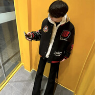 摘星少年國潮高街徽章刺繡pu皮拼接夾克男女青少年學(xué)生百搭潮流棒球服外套 黑色【常規款】毛巾繡升級版 L