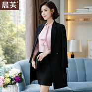 晨芙中長(cháng)款小西裝外套女氣質(zhì)職業(yè)套裝時(shí)尚風(fēng)衣大衣商務(wù)西服正裝工作服 黑色風(fēng)衣+長(cháng)褲 3XL 建議130-142斤