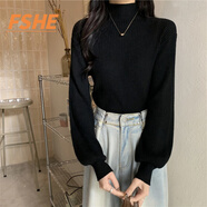 FSHE黑色毛衣女秋冬2025新款打底燈籠袖半高領(lǐng)針織衫修身內(nèi)搭長(zhǎng)袖上衣 黑色  XL [建議115-125斤]