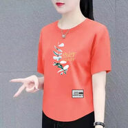 裝中老年短袖t恤女寬松大碼女裝半袖體桖衫洋氣減齡上衣 78下印蝦粉色【中】一支蘭花 2XL