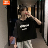婍妡短袖t恤女衣服女韓版學生ins短袖T恤女學生夏季新款韓版bf風短款半袖中袖體恤上衣服潮 前后字母 黑色-聚酯纖維 L 86-105斤