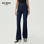 深呼吸DEEP BREATH女裝設(shè)雙腰頭線條高腰微喇休閑牛仔長褲女A100266 深藍(lán)-黃線 M (3碼)