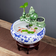 景德鎮(zhèn)陶瓷魚缸流水噴泉家用小金魚缸大號養(yǎng)魚盆客廳加濕裝飾造景 青花玲瓏+流水器+送6 41x41x17cm