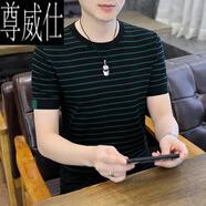 尊威仕（ZUNWEISHI）短袖男圓領條紋t恤2025新款潮流高端休閑夏季冰絲體恤男裝T 綠色 1615 XL