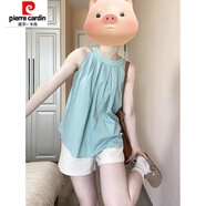 皮爾卡丹（pierre cardin）設計感黃色掛脖吊帶背心女夏季感絕美上衣寬松無(wú)袖襯衫 水藍色上衣 S