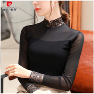 皮爾卡丹（pierre cardin）2021秋季新款內(nèi)搭半高領(lǐng)蕾絲網(wǎng)紗打底衫長袖T恤歐洲站歐貨小衫 黑色【拼接高領(lǐng)】 S