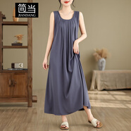 簡當(dāng)（JIANDANG）大碼女裝夏季綿綢吊帶連衣裙女簡約無袖圓領(lǐng)寬松顯瘦背心裙2022 灰藍(lán)色 XL 【140-160斤】