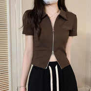 依慕琪絲克諾依夏季Polo領(lǐng)正肩T恤女美式復(fù)古設(shè)計(jì)感小眾雙拉鏈修身短款 棕色 均碼