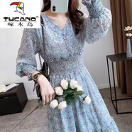 啄木鳥(niǎo)（TUCANO）碎花雪紡連衣裙2025新款春夏裝長(cháng)袖收腰顯瘦高腰清新V領(lǐng)裙子長(cháng)款 淺藍色 M 建議85-100斤