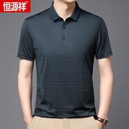 恒源祥（HYX）冰絲短袖t恤男士夏季翻領(lǐng)休閑簡約條紋體恤高端帶領(lǐng)半袖polo衫男 藏青 M