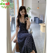 DXOT藍(lán)色溫柔風(fēng)碎花吊帶連衣裙女夏季海邊設(shè)計(jì)感收腰修身大擺裙長(zhǎng)裙子 假兩件碎花裙 L 建議95-105斤