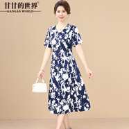 甘甘的世界2025夏季新款印花連衣裙時(shí)尚洋氣收腰短袖女裝 藍色 XL 適合110-125斤