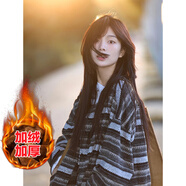 云拿月春秋款小香風(fēng)條紋外套女ins寬松古著上衣服美式國潮牌棒球服夾克 黑色款 加絨 S