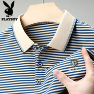 花花公子（PLAYBOY）中年男士短袖t恤純棉翻領(lǐng)條紋大碼有口袋半袖上衣體恤衫 00-HJ 605蘭色 XL 175/88A 建議140-160斤