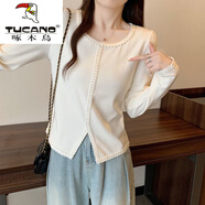 啄木鳥(niǎo)（TUCANO）長(cháng)袖T恤女現貨實(shí)拍2025春裝新款胖mm大碼女復古蕾絲花邊修身顯瘦 杏色 L