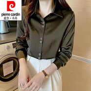 皮爾卡丹（pierre cardin）重磅真絲襯衫女長袖春秋新款洋氣高端緞面桑蠶絲上衣職業(yè)工作襯衣 復(fù)古綠【8012】 2XL 【130-140斤】