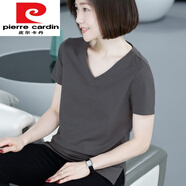 皮爾卡丹（pierre cardin）2024新款夏裝黑色雞心領短袖T恤女寬松v領上衣女白色半袖體恤 深灰T850 色 2XL
