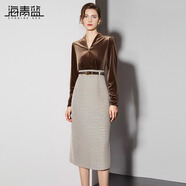 海青藍(lán)2024秋冬新款氣質(zhì)優(yōu)雅假兩件拼接絲絨連衣裙V領(lǐng)長(zhǎng)袖中長(zhǎng)裙顯瘦 咖色 L