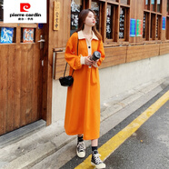 皮爾卡丹（pierre cardin）胖MM特大碼300斤孕婦長(cháng)裙春秋季寬松藏肉顯瘦拼接撞色連衣裙 橙紅色 L 90-120斤