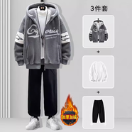 gxmy羊羔絨棉衣男冬季潮牌連帽棉服男士外套搭配衣服男裝棉襖三件套 Y017灰色+棉白T+加絨黑衛褲 2XL 【適合140-160斤】