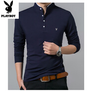 花花公子（PLAYBOY）春秋季男士長袖T恤純棉柔軟加絨加厚立領(lǐng)衛(wèi)衣簡約時尚打底衫上衣 8165【春秋款】藏青 XL 175.
