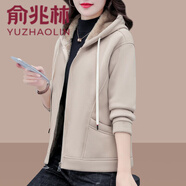 俞兆林 加絨加厚外套女秋冬季2024新款開衫短款連帽秋冬中年裝衛(wèi)衣外套 卡其 XL 【建議110-125斤】
