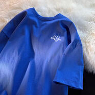 普達馳100%純棉短袖t恤男女學(xué)生夏季新款潮牌上衣ins港風(fēng)寬松百搭情侶裝 藍色_胸前小愛(ài)心 2XL