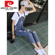 皮爾卡丹（pierre cardin）背帶牛仔褲女2024夏季新款韓版顯瘦九分褲破洞高腰吊帶連體褲春秋 淺藍色 M 101-115斤左右穿