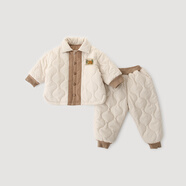 巴厘小豬（BALIPIG）兒童棉服套裝冬季加厚男童新年服加絨保暖棉衣寶寶兩件套女童冬裝 奶油杏 100