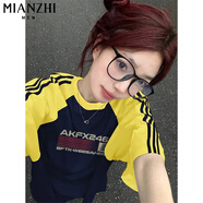 棉致三條杠重磅純棉正肩圓領(lǐng)拼色短袖T恤女夏季寬松休閑五分半袖薄款 Z61010藏青拼黃色【高品質(zhì)24.5】 L 100-115斤