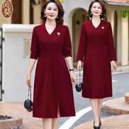 康多蜜兒子女兒結(jié)婚媽媽穿的喜慶衣服冬裝媽媽結(jié)婚禮服高貴加絨連衣裙 酒紅色適合春秋季 2XL 110-125斤