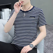 以純YISHION黑白條紋男士短袖t恤純棉潮流夏裝新款休閑百搭上衣韓版半袖體恤 藍(lán)條紋 GW2233 XL