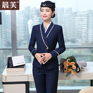 晨芙空姐制服職業(yè)西裝套裝女高鐵乘務(wù)員工裝酒店正裝美容珠寶店工作服 藍色西裝+西褲+白襯衫 XL 建議110-120斤