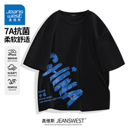 真維斯（Jeanswest）7A抗菌短袖t恤男士夏季2025新款潮牌情侶寬松透氣半袖體恤上衣服 黑色(大字母中國右下標) XL /180(不起球不掉色)