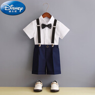 迪士尼（Disney）兒童男童禮服套裝英倫風(fēng)主持人走秀鋼琴演出服夏季花童服裝小西裝 白色鏡面短袖+藏青短褲+背帶+黑 140 cm
