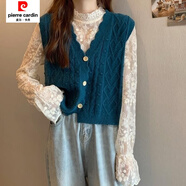 皮爾卡丹新款短款針織馬甲女四季寬松時尚外搭小背心疊穿V領(lǐng)毛衣坎肩外穿 深藍(lán)色 S 80-100