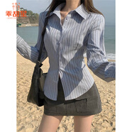 乖甜星韓系學(xué)院風(fēng)藍色條紋長(cháng)袖襯衫女秋季修身收腰別致襯衣辣妹氣質(zhì)上衣 藍色長(cháng)袖襯衣 S