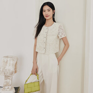 FIRSTSTATION經(jīng)典圓領(lǐng)小香風(fēng)泡泡袖短袖蕾絲外套女25夏新款1210Z 米色 M