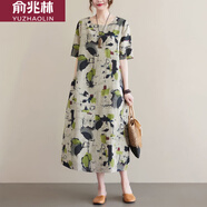 俞兆林短袖棉麻連衣裙女2024夏季新款中年媽媽裙子女民族風(fēng)印花亞麻長裙 灰色花 L [建議110-125斤]