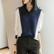 艾妃琳【3927人收藏】大碼女裝雪紡衫拼接撞色長(cháng)袖上衣春夏季上新寬松顯 主圖色 XL 100-130斤內選購