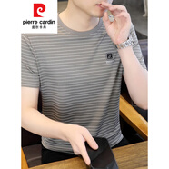 皮爾卡丹短袖t恤男士2025夏季新款冰絲燙鉆寬松圓領(lǐng)條紋半袖休閑冰感上衣 旗艦官方-1605灰色-國際品牌 L 115-130斤-國際品牌