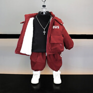 杰米熊（JMBEAR）男童加絨棉衣套裝冬裝2024新款兒童冬季加厚衣服男孩工裝酷帥童裝 酒紅色 90