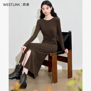 西遇咖色針織連衣裙女2024年秋季新款長(cháng)袖修身側開(kāi)叉長(cháng)裙 咖色 L