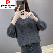 皮爾卡丹（pierre cardin）夏裝鏤空針織長(cháng)袖網(wǎng)衫女春秋新款蝙蝠罩衫薄款毛衣女寬松v領(lǐng)上衣 深灰色 3XL 建議130-140斤