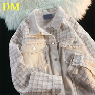 DALEY MODE牛仔拼接小香風(fēng)外套女春秋新款韓版慵懶風(fēng)寬松百搭學(xué)生夾克上衣潮 米色 L