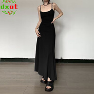 DXOT2025年歐美風高腰顯瘦吊帶連衣裙女2025年純色休閑A字過膝長裙子 黑色 2XL 建議125-135斤